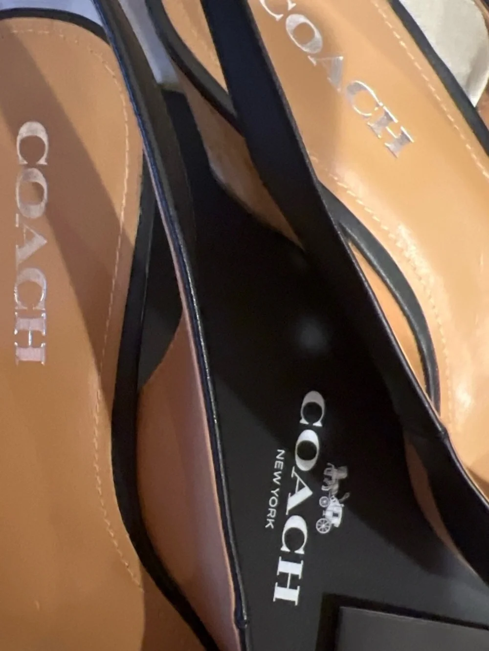 COACH Black Leather Peep-Toe Cork Wedge Slingbacks